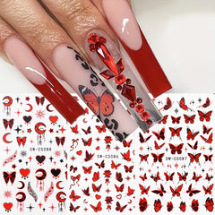 Metal Butterfly Nail Art Stickers with Red Rose Decals 3D and Silver Designs