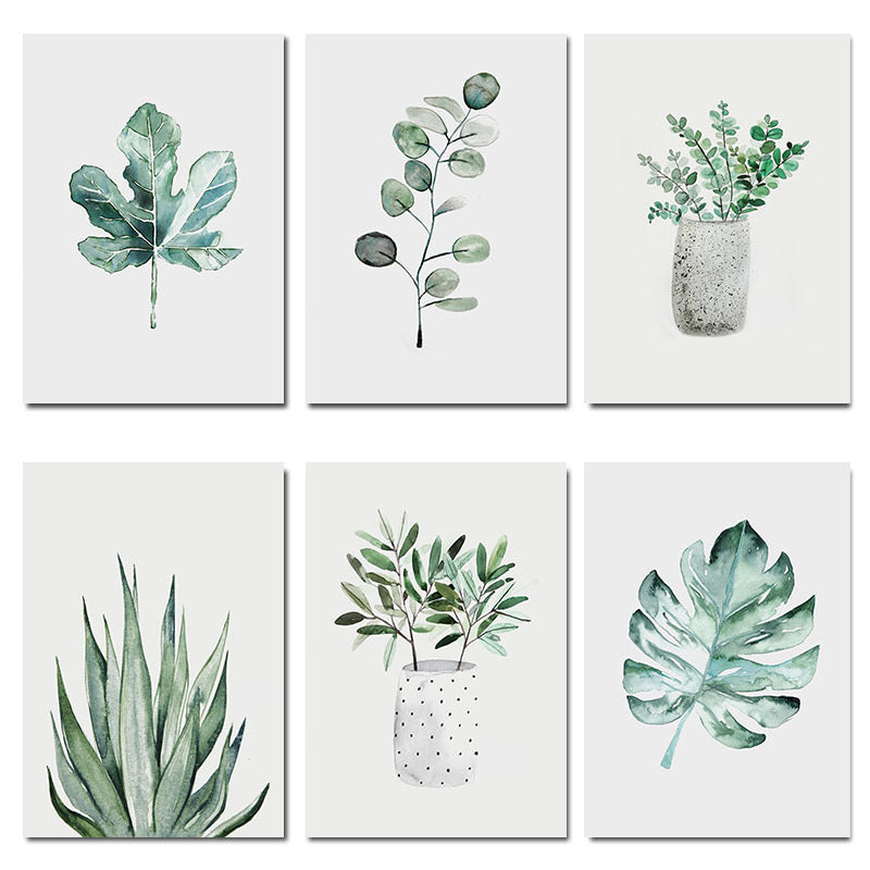 6pcs Watercolor Green Plant Leaves Botanical Art Canvas Poster