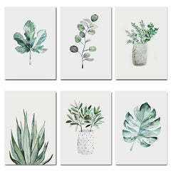 6pcs Watercolor Green Plant Leaves Botanical Art Canvas Poster