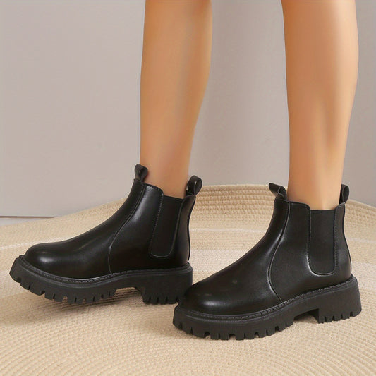 Women's Chunky Heel Platform Ankle Boots Slip On Round Toe Shoes