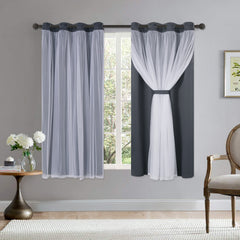 Blackout Curtains With Sheer Voile Double Layer Grey