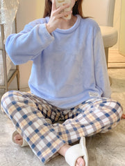 Plaid Print Fuzzy Pajama Set Long Sleeve Crew Neck Top & Elastic Waistband Pants