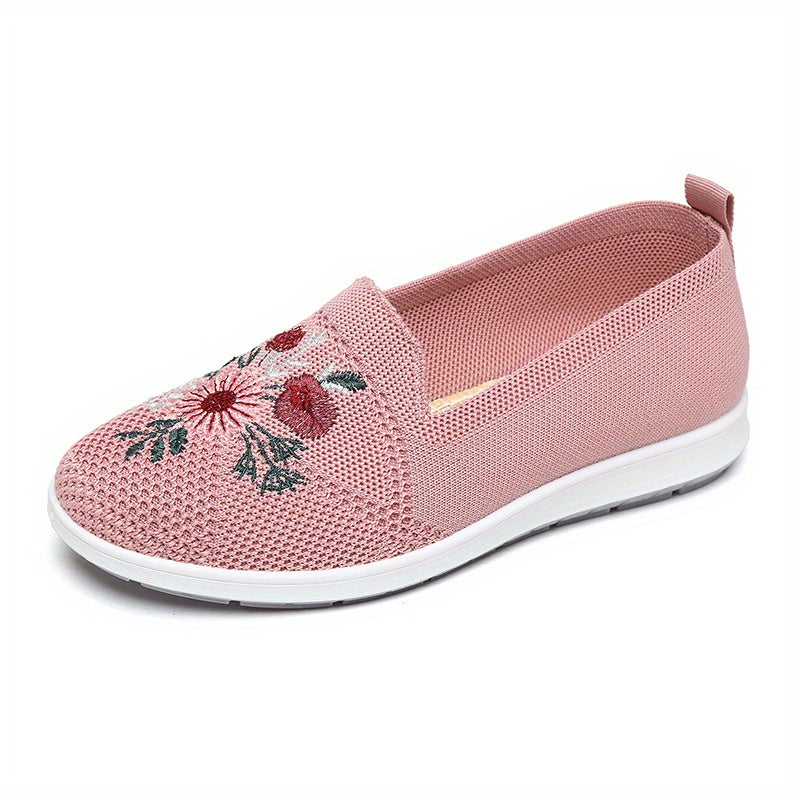 Women's Floral Embroidered Slip On Shoes Breathable Knitted Flats