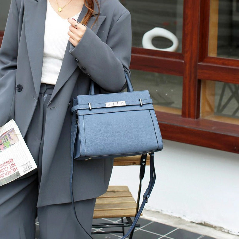 Green Leather Tote Bag with Zipper Closure & Detachable Strap