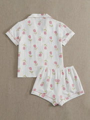 Floral Print Lounge Set Short Sleeve Top & Shorts Women's Loungewear