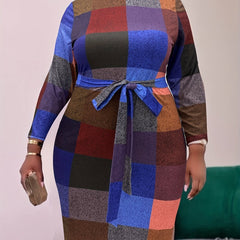  Plaid Print Long Sleeve Bodycon Midi Dress