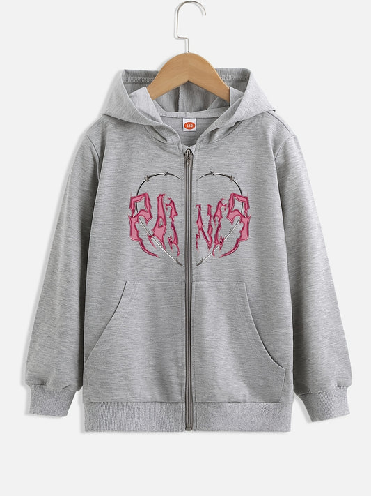 Girls Heart Print Hooded Sweatshirt Jacket with Zipper