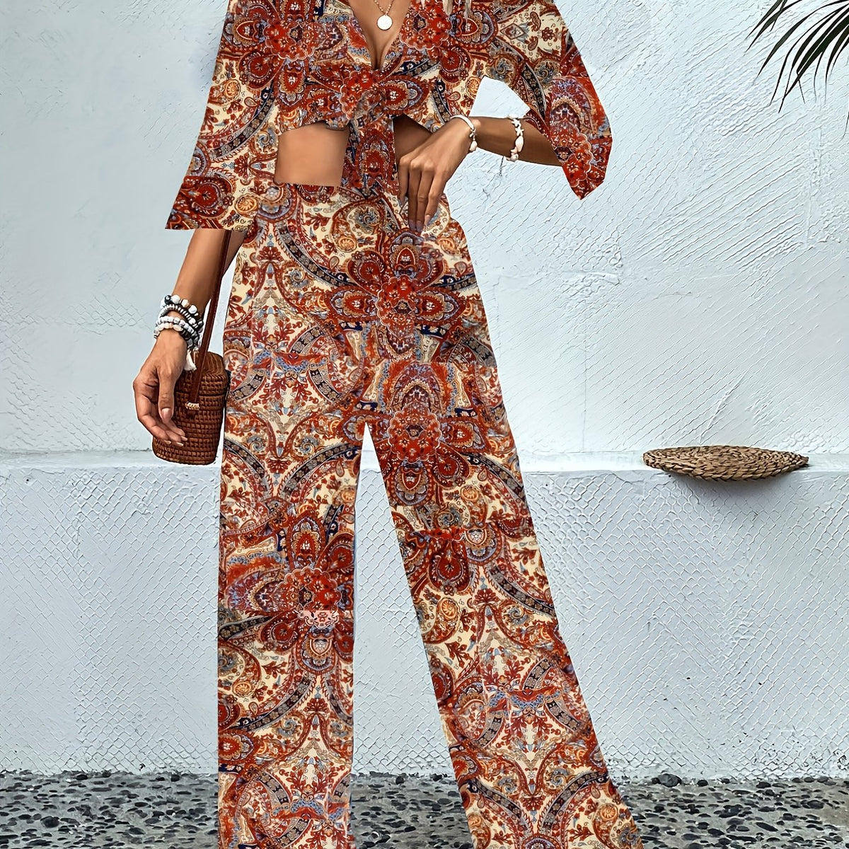 Cashew Floral Print 2pc Set Knot Front Crop Top & Wide Leg Pants