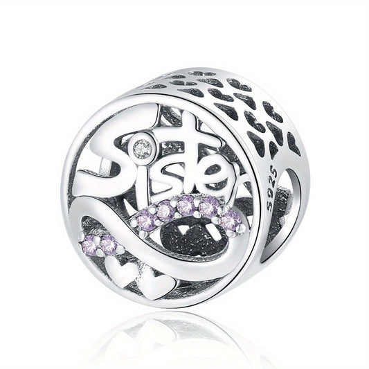 925 Silver Purple Rhinestone Sister Charm DIY Accessory