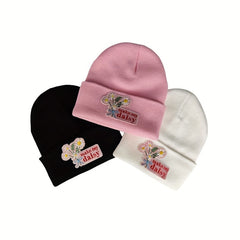 Daisy Embroidery Patch Beanie Knit Hat Windproof Warm Skull Cap