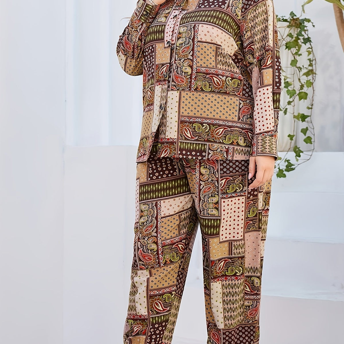 Women's Plus Paisley & Scarf Print Blouse & Pants Outfit 2 Piece Set