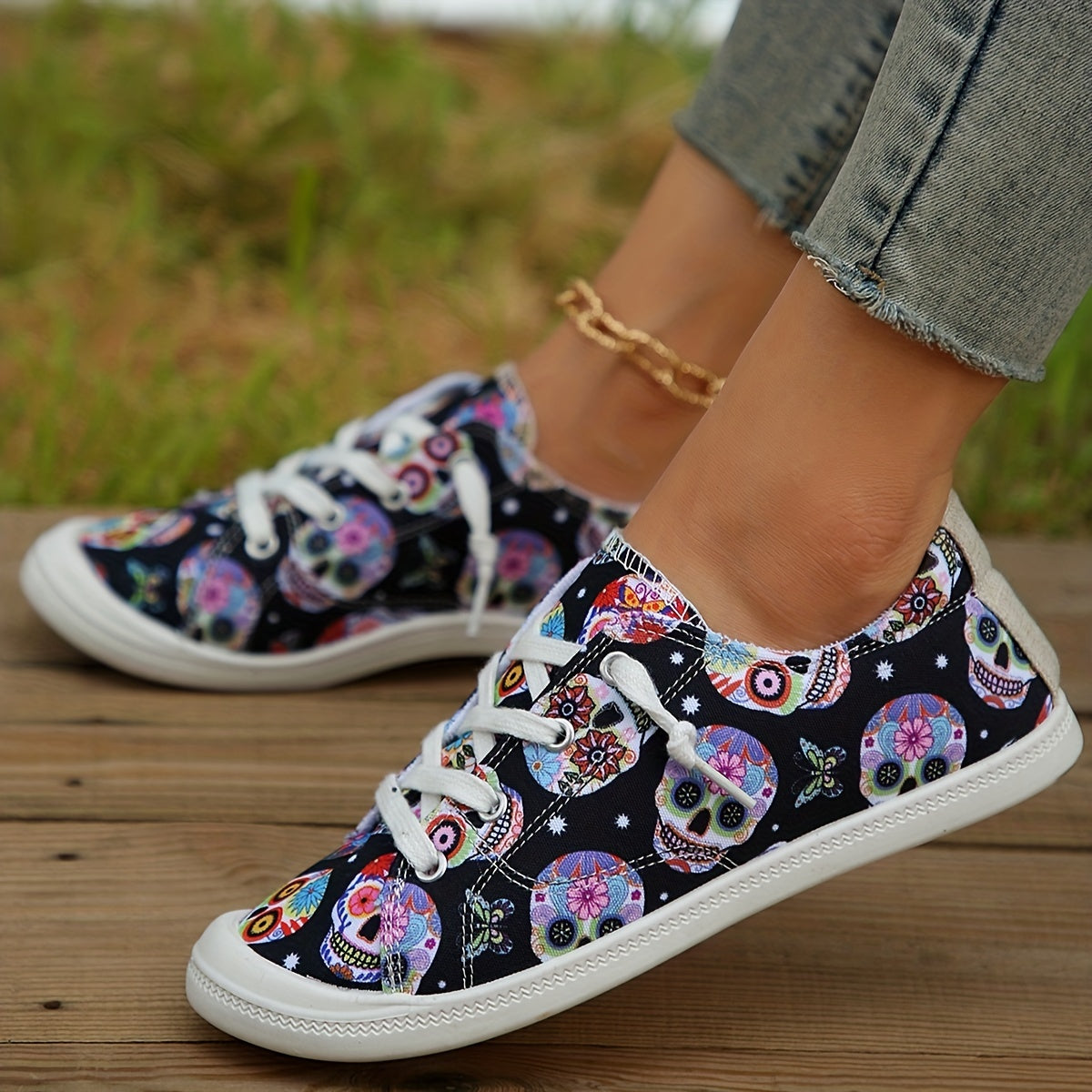 Women's Halloween Skull Canvas Sneakers Low Top Casual Walking Shoes