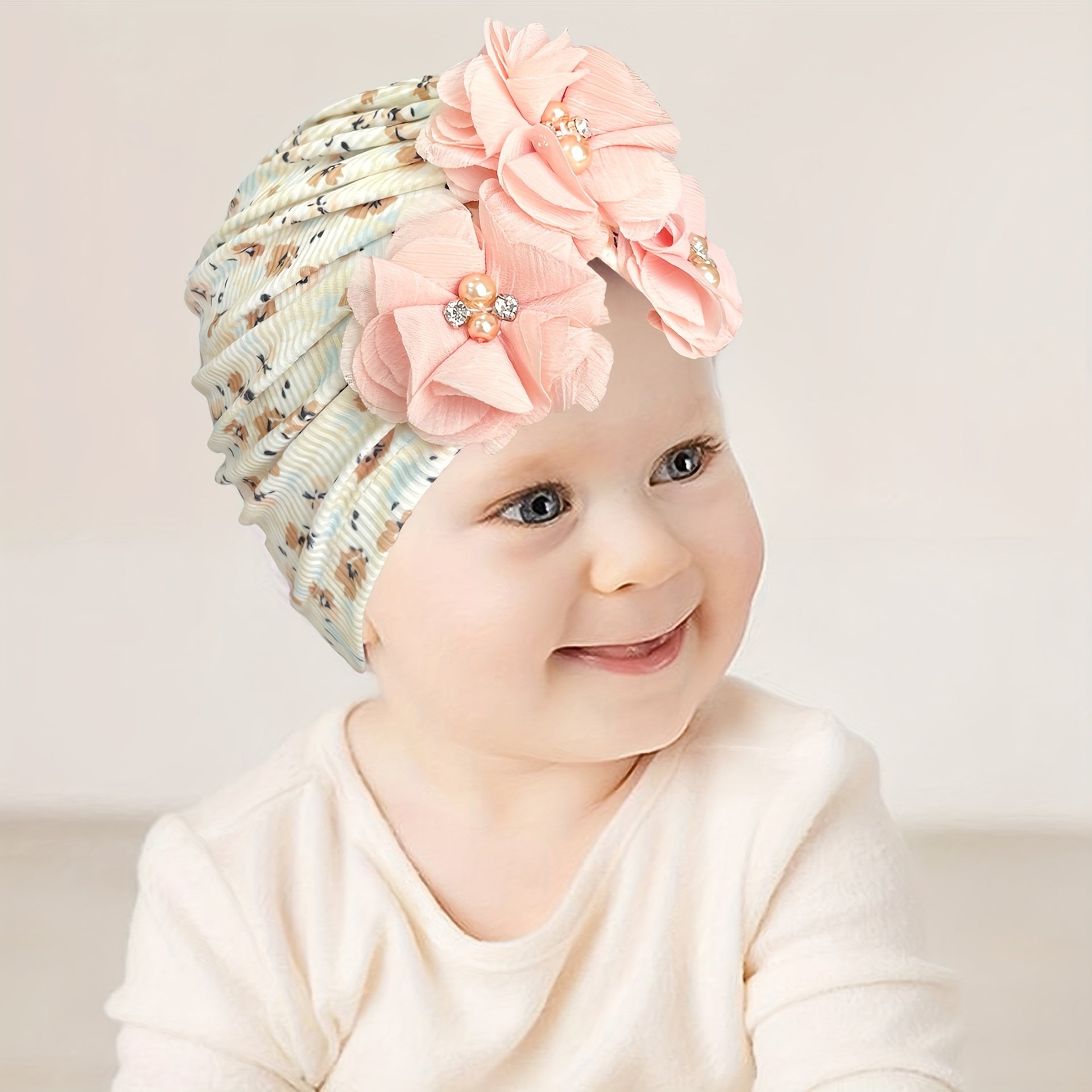 Baby Floral Pattern Beanie with Pearl Decoration