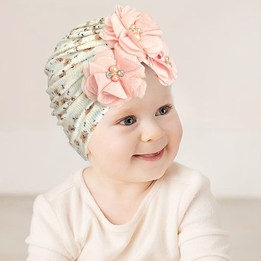 Baby Floral Pattern Beanie with Pearl Decoration