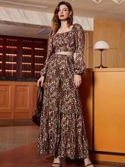 2pc Wide Leg Pants Set Square Neck T Shirt & High Waist Wide Leg Pants
