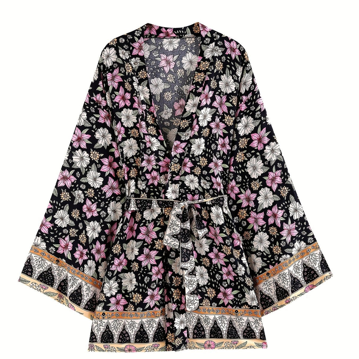 Floral Print Boho Style Cover Up Kaftan Long Kimono Sleeve