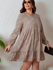  Dot Print Lantern Sleeve Round Neck Dress