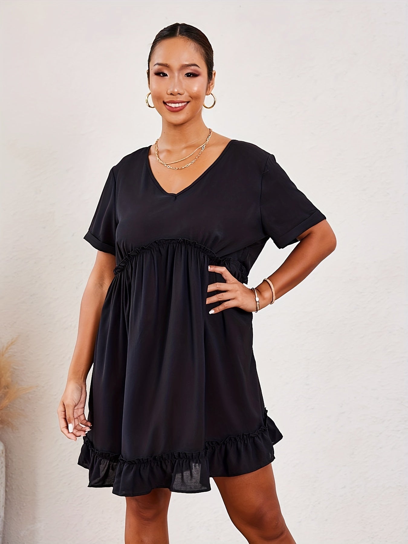  Solid Short Sleeve V Neck A line Mini Dress
