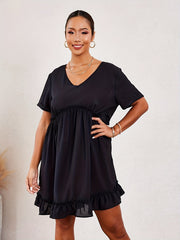  Solid Short Sleeve V Neck A line Mini Dress