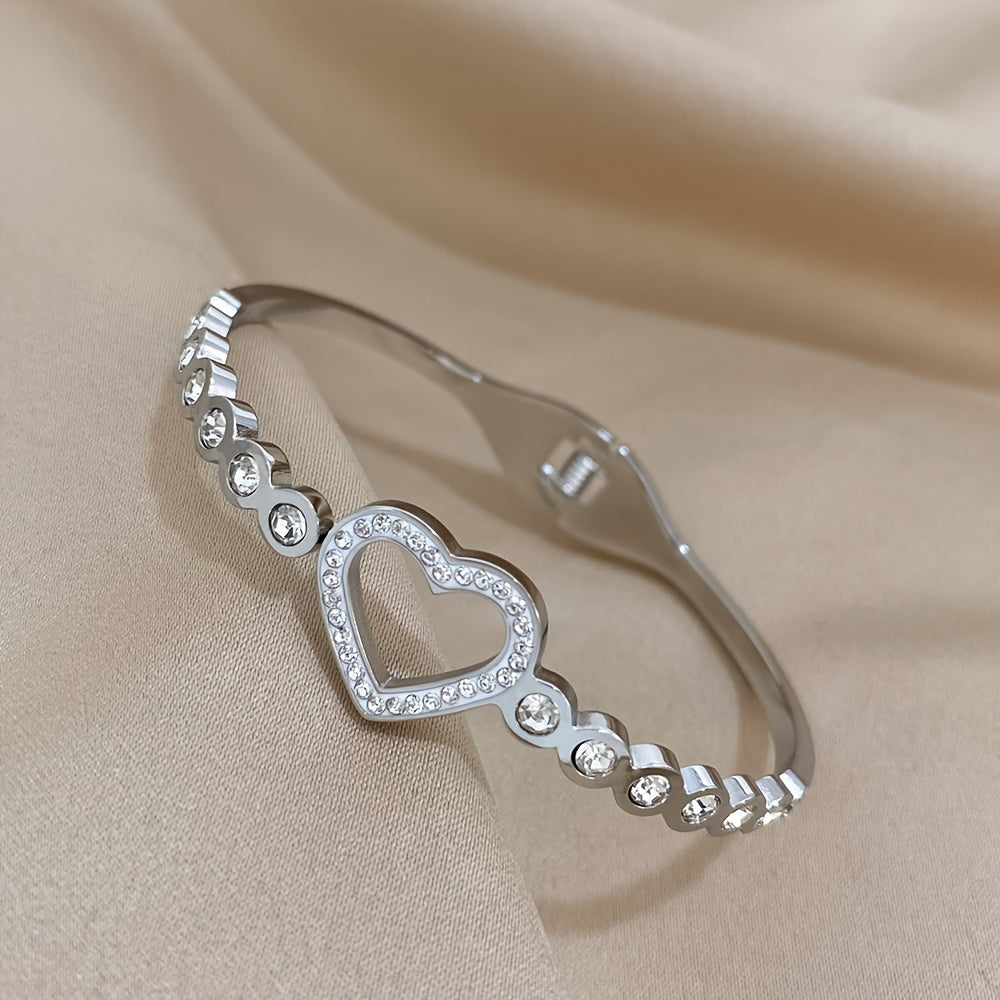 Stainless Steel Cuff Bracelet with Heart Rhinestone Charm