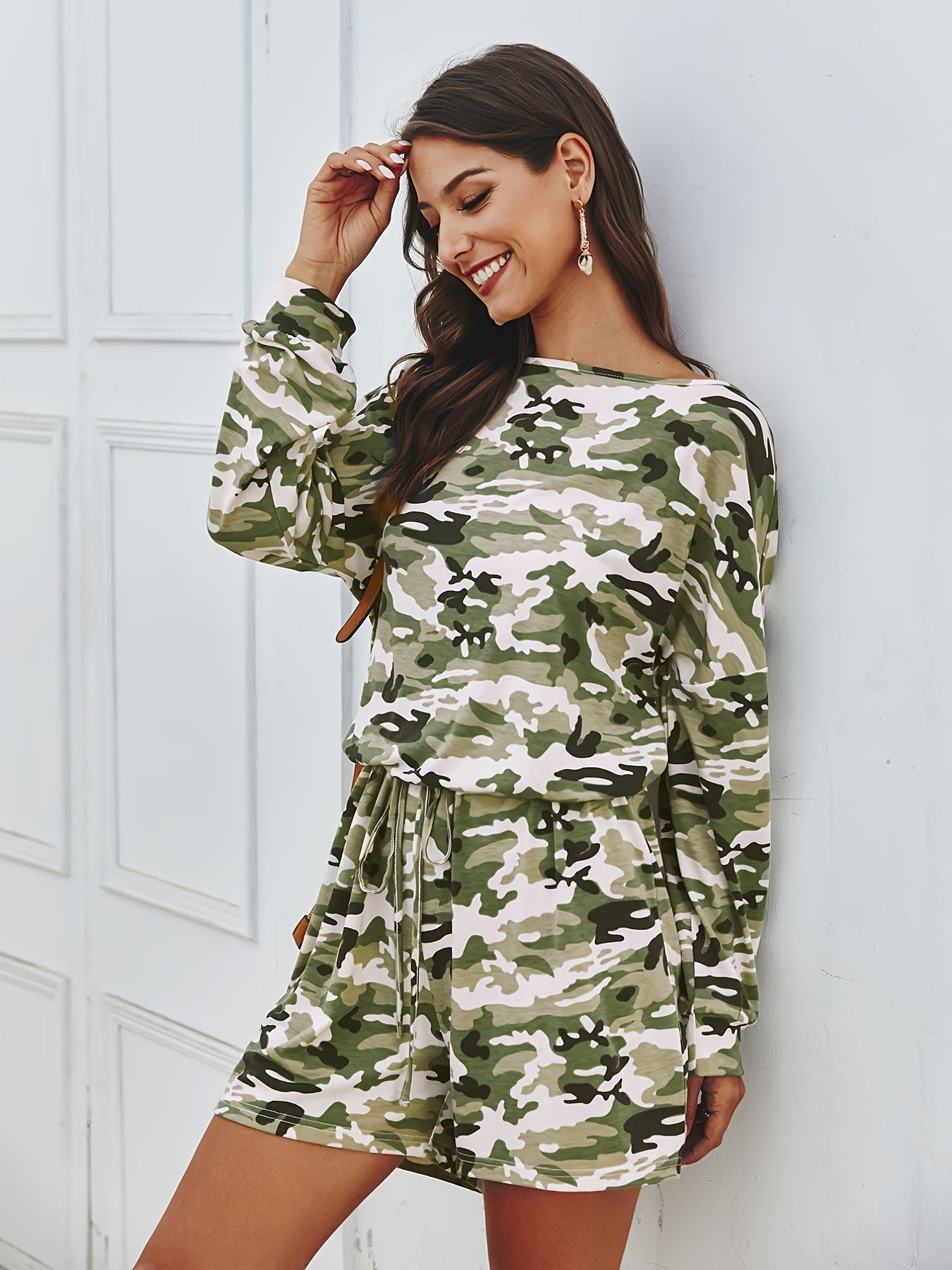 Camouflage Print Off Shoulder Jumpsuit Long Sleeve Women's Clothing