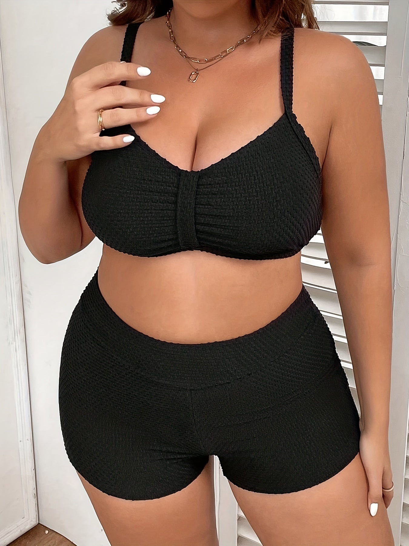  Bikini Set Ruched Padded Bra & High Waisted Shorts Swimsuit
