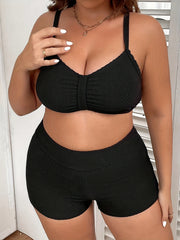  Bikini Set Ruched Padded Bra & High Waisted Shorts Swimsuit