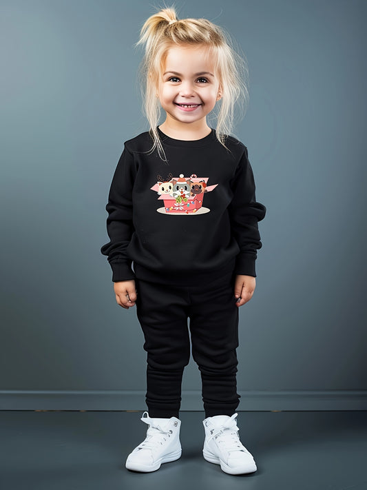 2pc Cartoon Cats Crew Neck Sweatshirt & Sweatpants Set for Girls