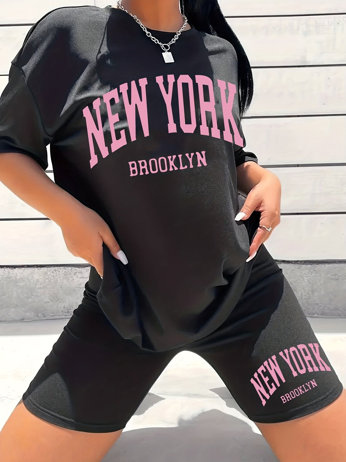 York Print 2pcs Set Short Sleeve T Shirt & Biker Shorts Summer Casual Two Piece