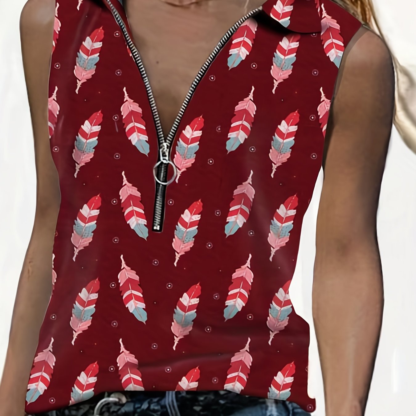 Feather Print Zipper Tank Top Women's Sleeveless Summer Casual Tank Top