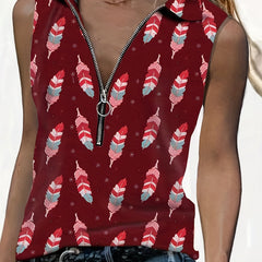 Feather Print Zipper Tank Top Women's Sleeveless Summer Casual Tank Top