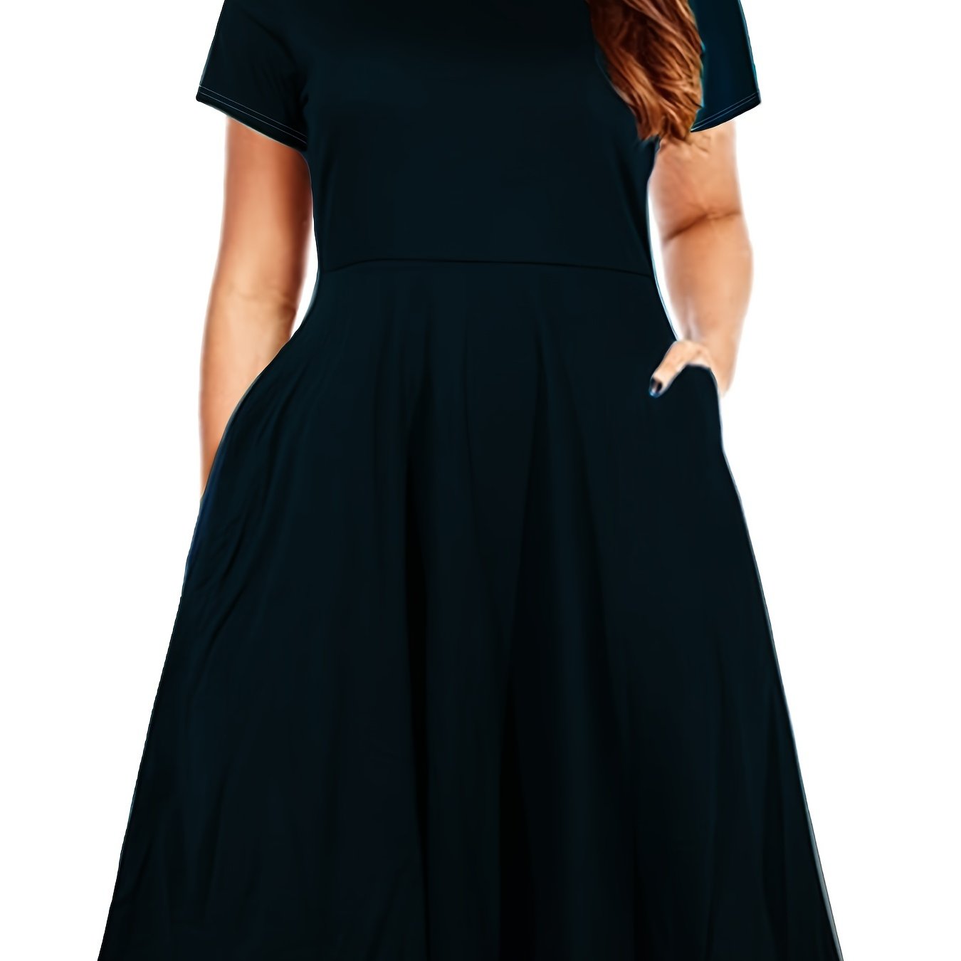  Solid Short Sleeve Midi Dress With Pocket Women's Plus