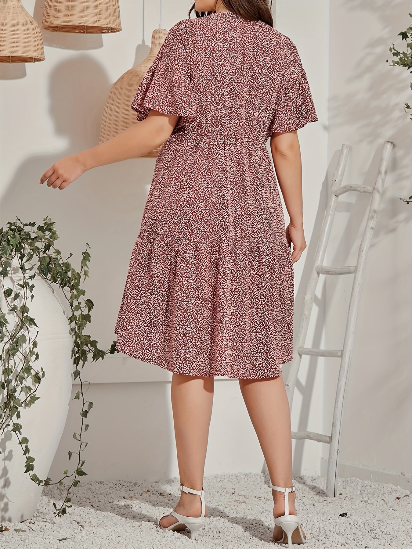  Allover Print Short Sleeve Surplice Neck Dress