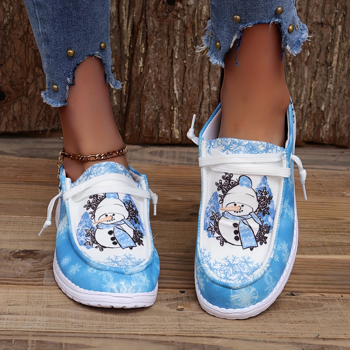 Christmas Snowman Print Low Top Sneakers Lightweight Casual Walking Shoes