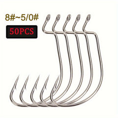 50pcs Offset Worm Hooks 2X Strong For Senko Texas Rig Fishing Bass Trout Size 8-