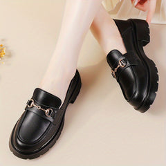 Platform Loafers with Metal Buckle Decor Faux Leather Round Toe Shoes