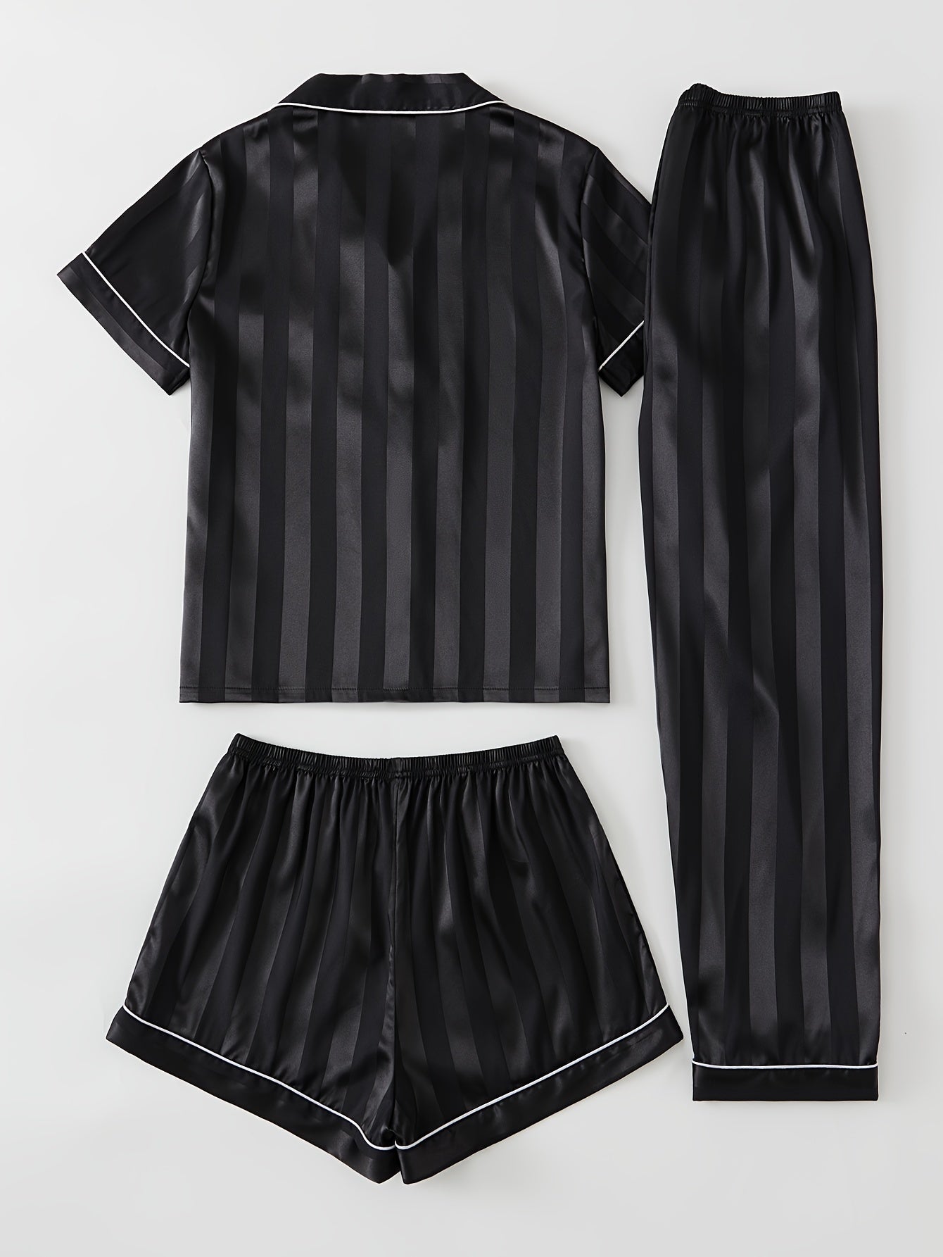 Stripe Print Pajama Set Button Up Top & Shorts & Pants Women's Sleepwear