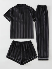 Stripe Print Pajama Set Button Up Top & Shorts & Pants Women's Sleepwear