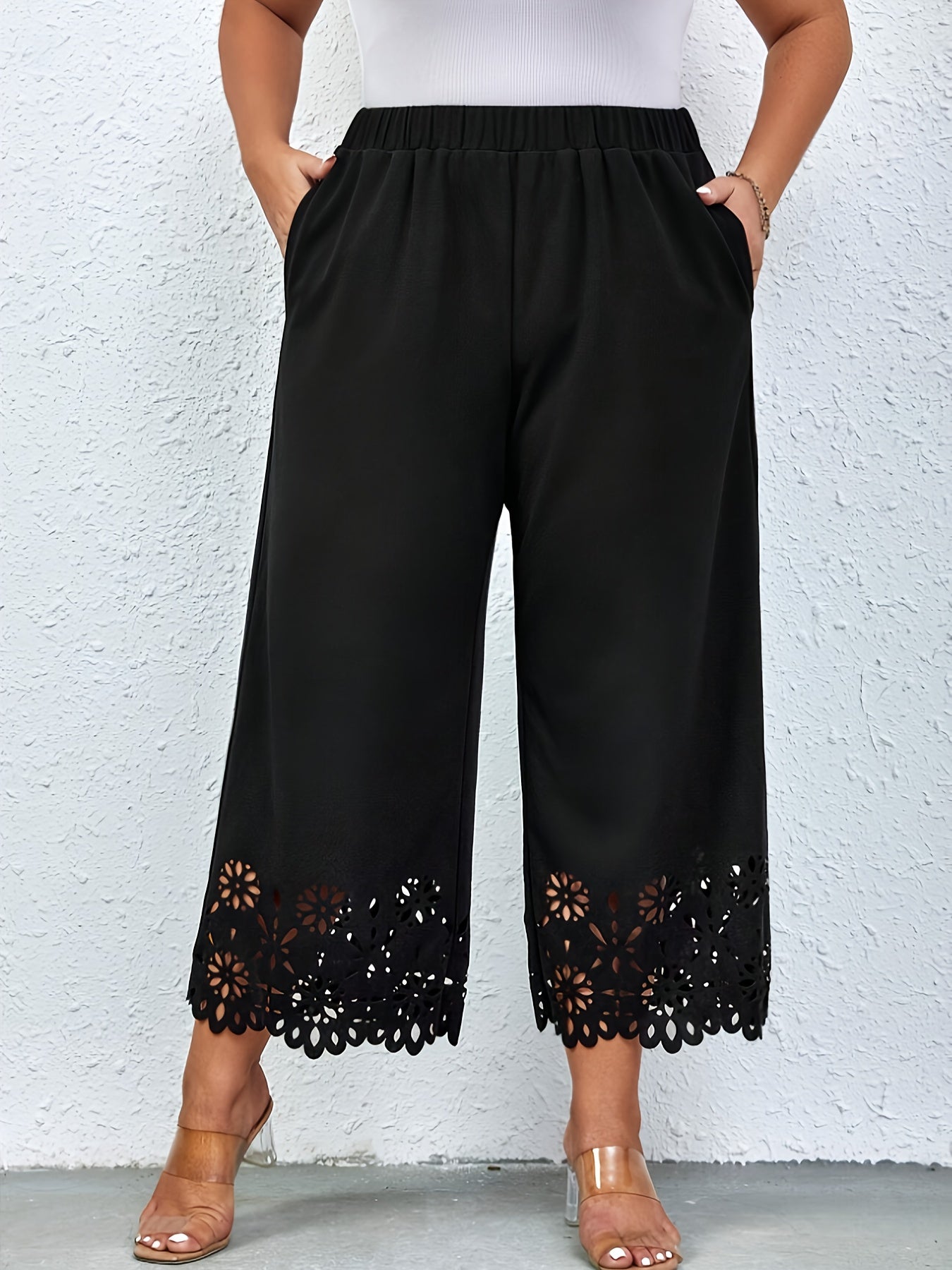  Pants Women's Plus Solid Scallop Trim Elastic High Rise