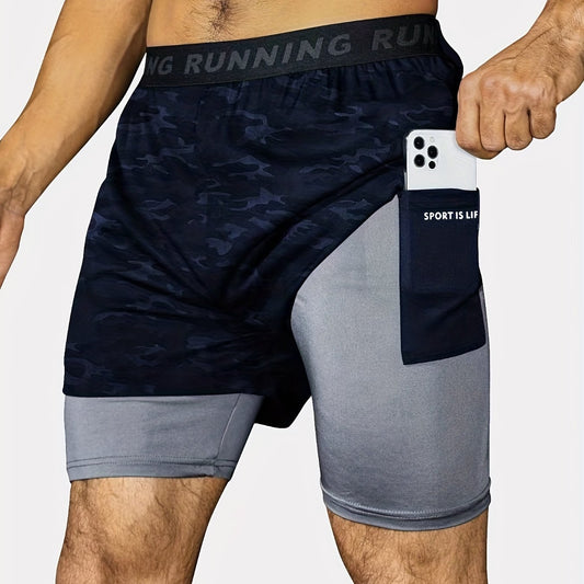 Men's 2-Layer Gym Running Shorts w/ Pockets Breathable Quick Dry