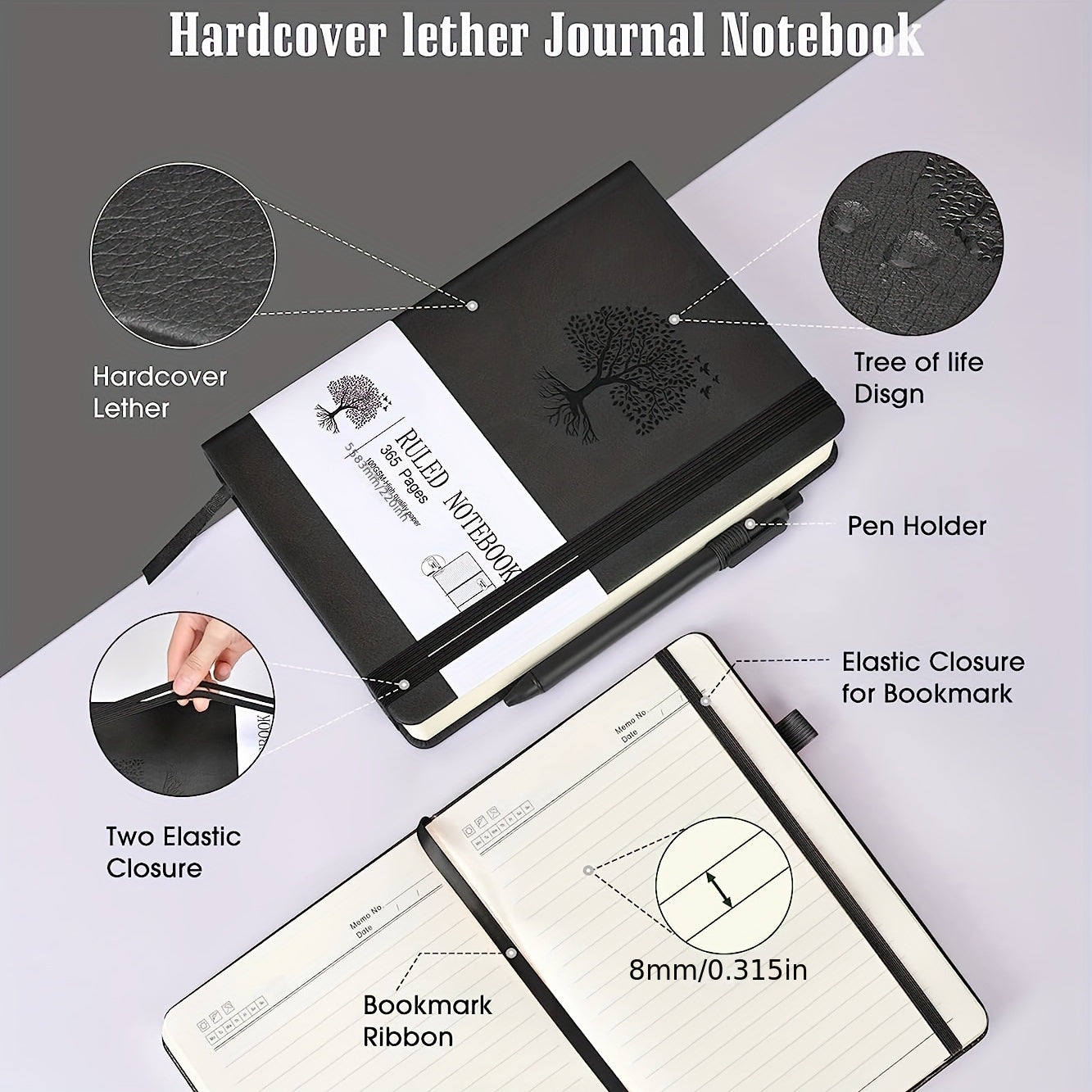 365-Page Journal Notebook Leather Hardcover for Daily Work and Writing