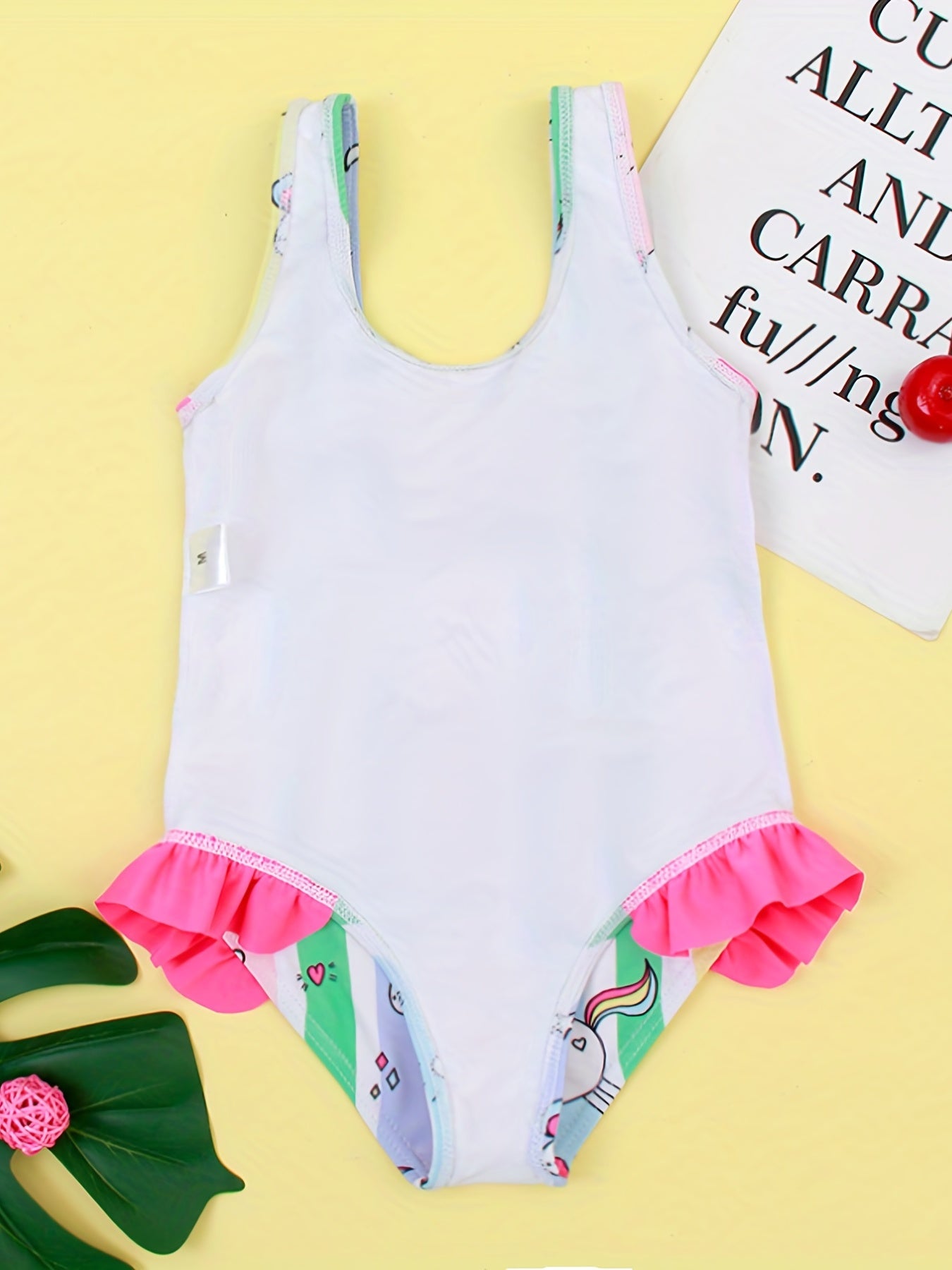 Girls Pony Graphic One Piece Swimsuit Striped Sleeveless Swimwear