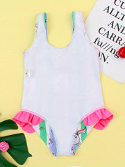 Girls Pony Graphic One Piece Swimsuit Striped Sleeveless Swimwear