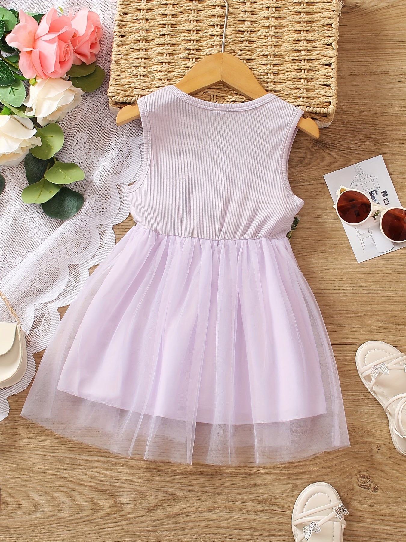 Girls Flower Decor Sleeveless Mesh Princess Dress Summer Kids Clothes