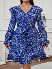  Ditsy Floral Print Long Sleeve V Neck Ruffle T