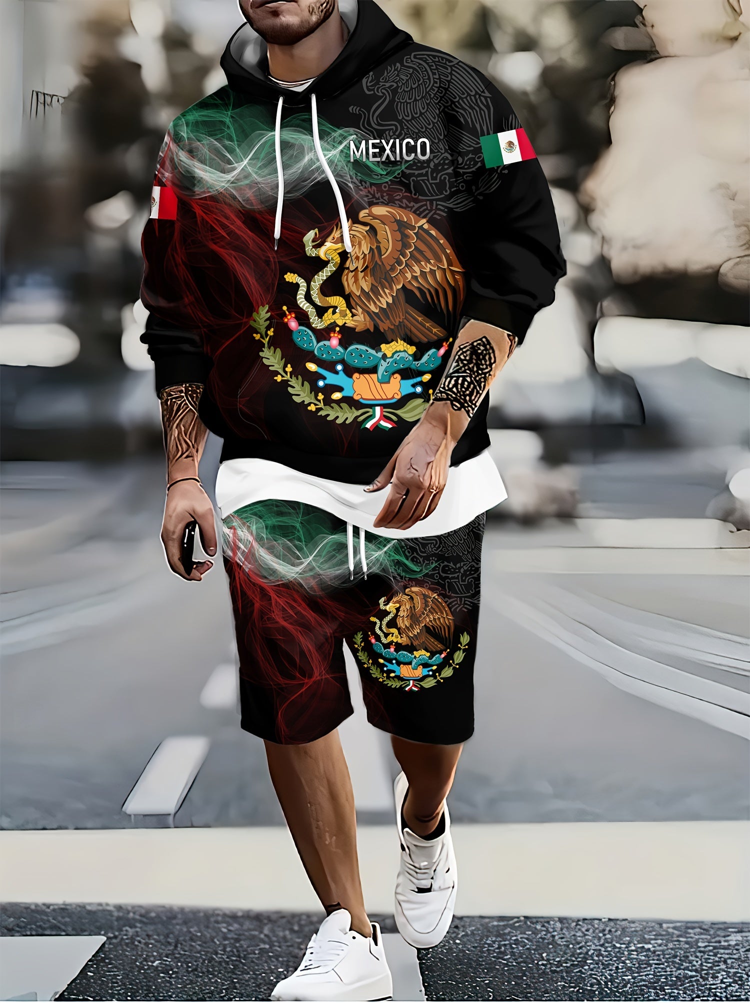 Mexico Rooster Print Men's Casual Hoodie & Shorts Set