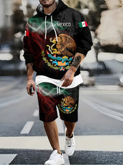 Mexico Rooster Print Men's Casual Hoodie & Shorts Set