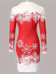  Snowflake Print Long Sleeve Bodycon Dress