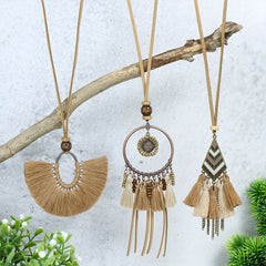 Boho Ethnic Tassel Pendant Necklaces Retro Rhinestone Drip Oil Alloy Necklace