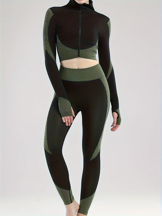 2pcs Yoga Workout Set Long Sleeve Zip Up Sports Tops & Leggings Suit